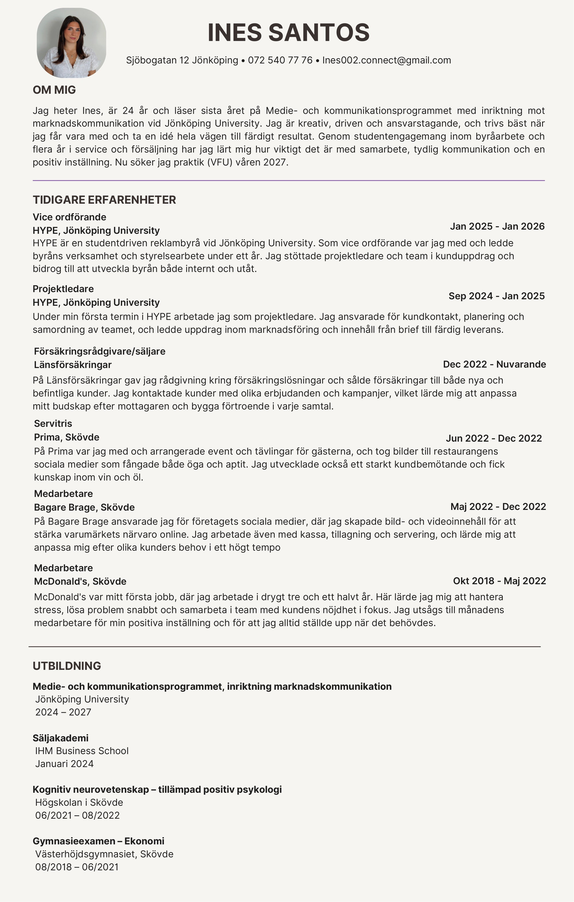 CV för Ines Santos — om mig, tidigare erfarenheter och utbildning